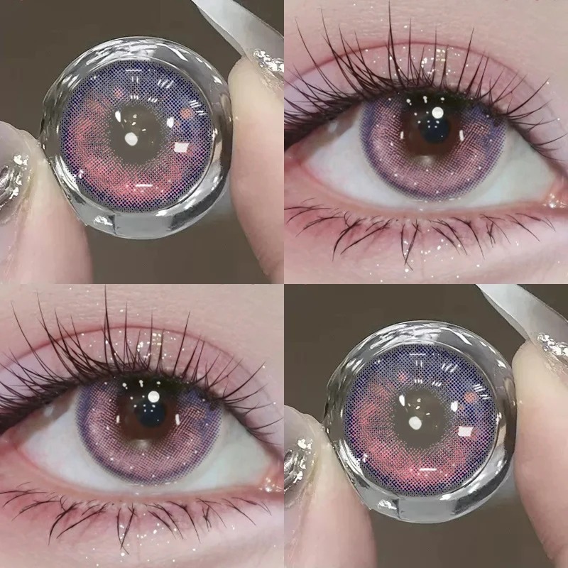 Lente rosa Tear Pink com brilho de galáxia, de perto e usada no olho, para cosplay