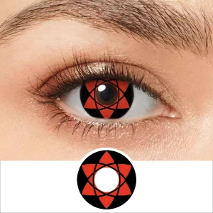 Lente vermelha com o Mangekyou Sharingan, de Naruto, no olho e solta