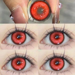 Lente vermelha Koi Red de perto e usada no olho, para cosplay
