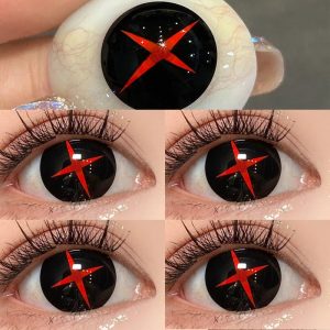 Lente Redcross da Arlecchino, preta com X vermelho, em close nos olhos, Genshin Impact