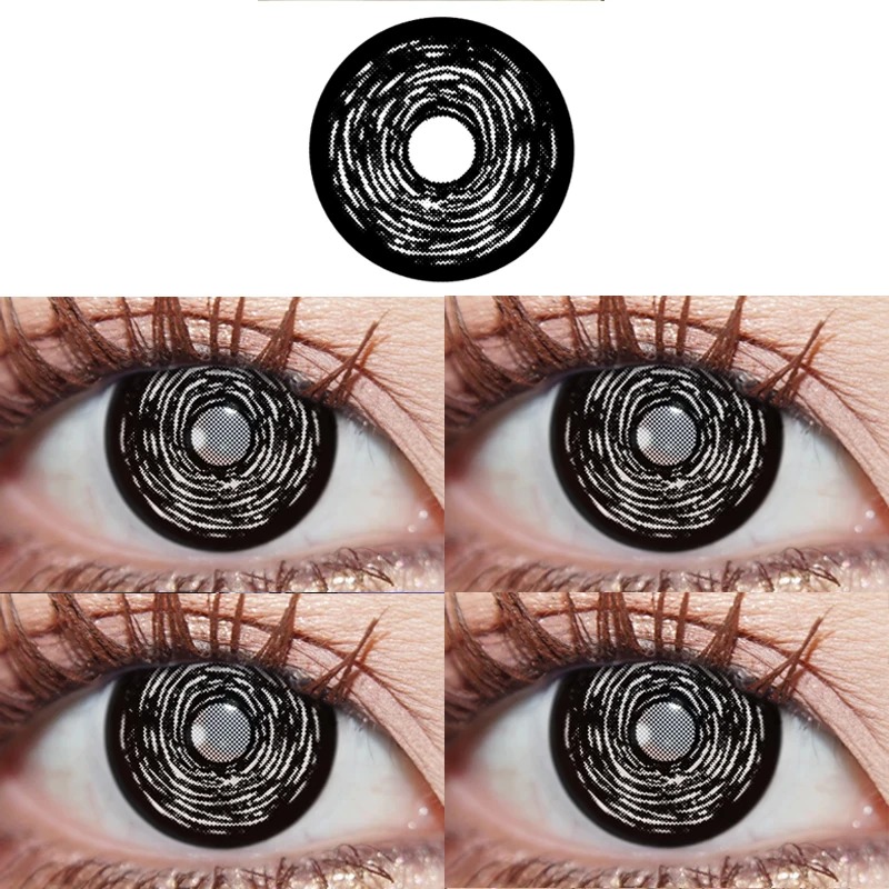 Lente de contato Monster preta com espiral branca para cosplay, em close do olho