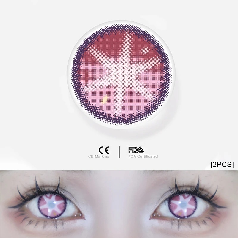 Lente de contato Starry Red rosa com estrela para cosplay, em close dos olhos