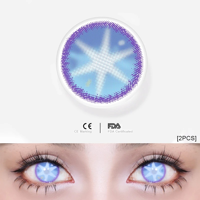 Lente de contato Starry Blue azul com estrela para cosplay, em close dos olhos