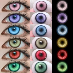 Várias lentes JeweLens coloridas para cosplay: rosa, roxo, azul, verde, vermelho e outras cores