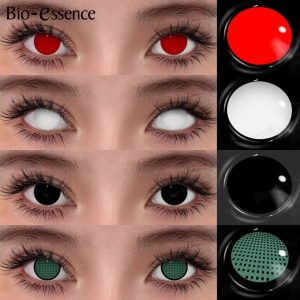 Quatro estilos de lente para cosplay (vermelha, branca, preta e verde mesh) em olhos e na embalagem