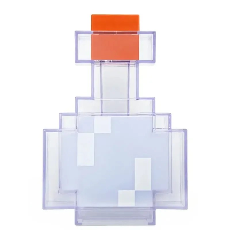 Frasco de poção do Minecraft desligado, de plástico transparente e tampa laranja, visto de frente