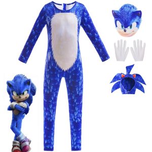 Macacão azul do Sonic com barriga clara, máscara, luvas brancas e peruca de espinhos