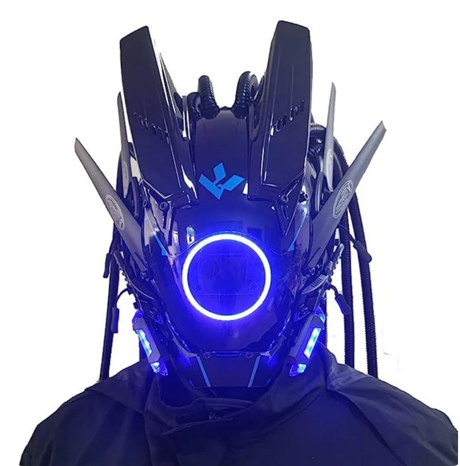 Máscara cyberpunk preta com anel de luz LED azul e detalhes mecânicos, vista de frente