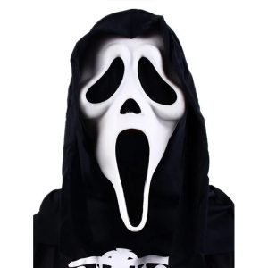 Máscara branca do Ghostface com capuz preto sobre fundo branco, de Pânico