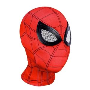 Capuz vermelho do Homem-Aranha, Marvel, com teias pretas e olhos brancos, sobre fundo branco