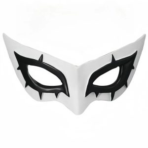 Máscara branca do Joker de Persona 5 com contorno preto nos olhos, de frente