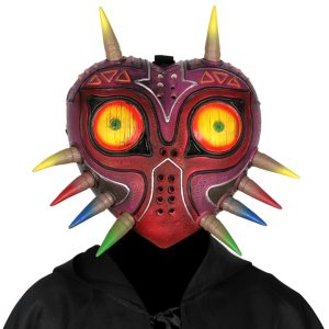 Majora's Mask de Zelda, de frente, com olhos amarelos e espinhos coloridos