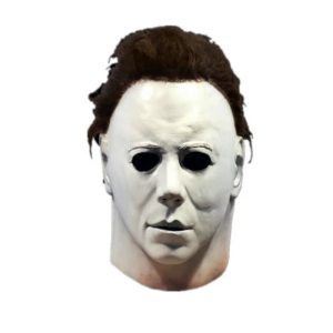 Máscara do Michael Myers, de Halloween, com rosto branco e cabelo castanho, de frente