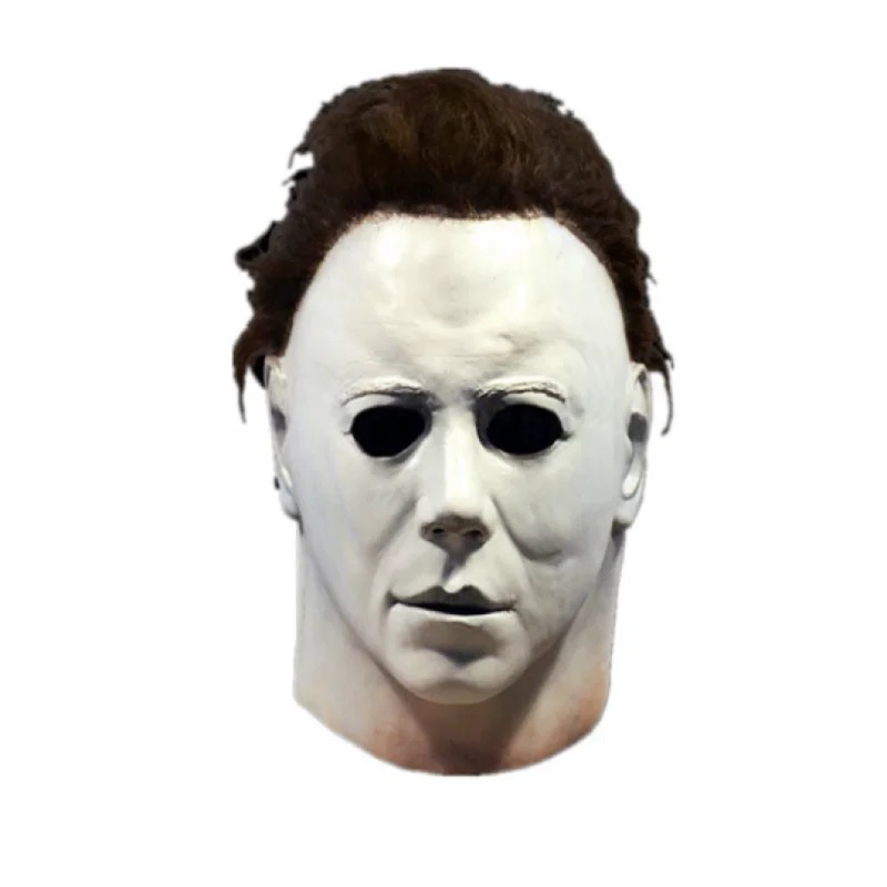 Máscara do Michael Myers, de Halloween, com rosto branco e cabelo castanho, de frente