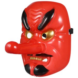 Máscara Tengu vermelha de plástico, nariz longo, olhos dourados e sobrancelhas pretas, do folclore japonês