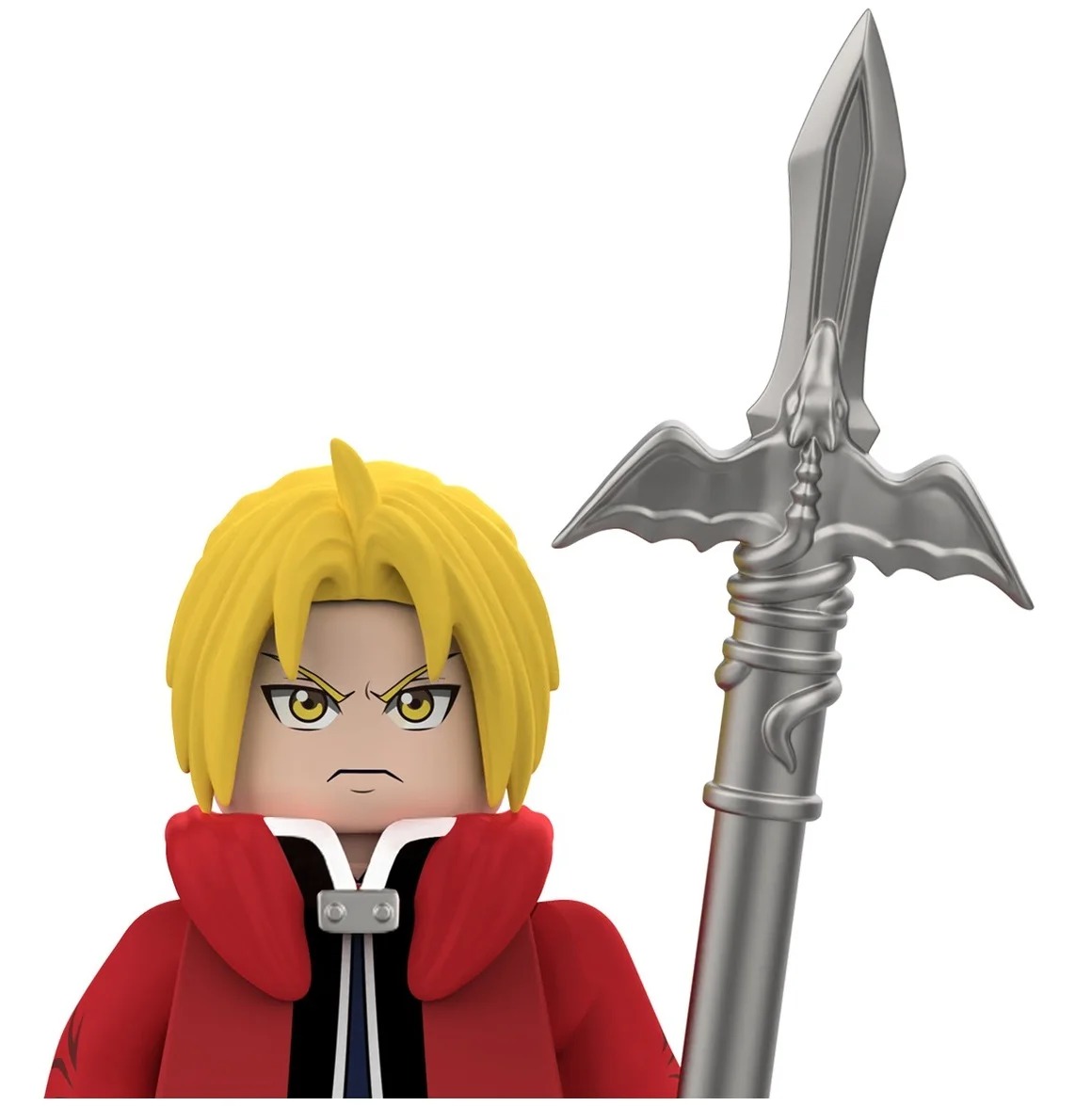 Edward Elric, de Fullmetal Alchemist, em mini figure de blocos com casaco vermelho e lança