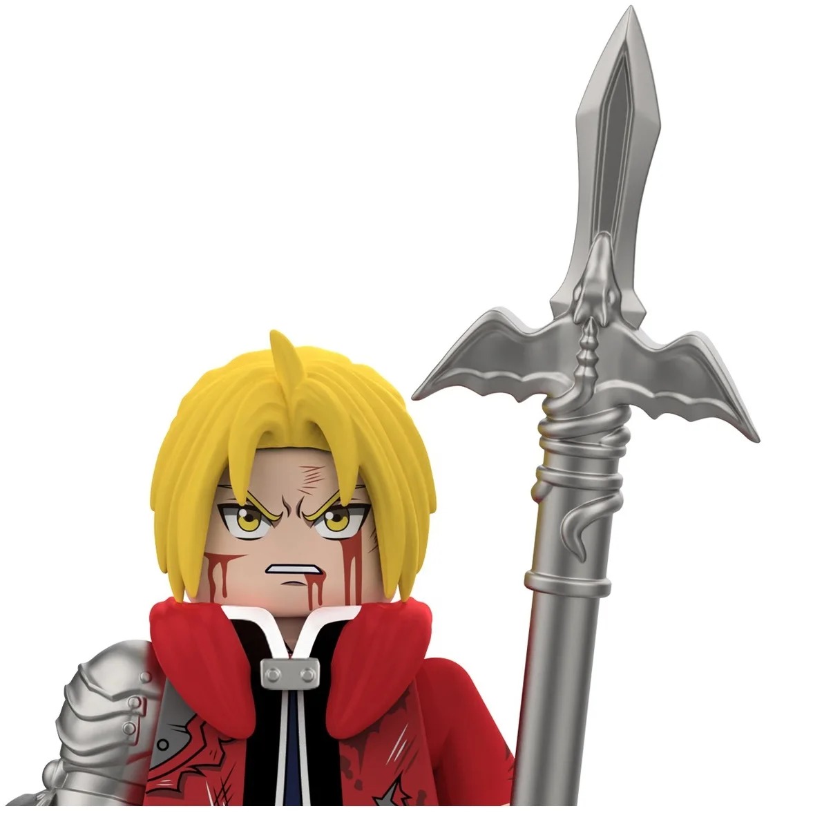 Edward Elric em blocos, versão com ferimentos, casaco vermelho e lança, de Fullmetal Alchemist