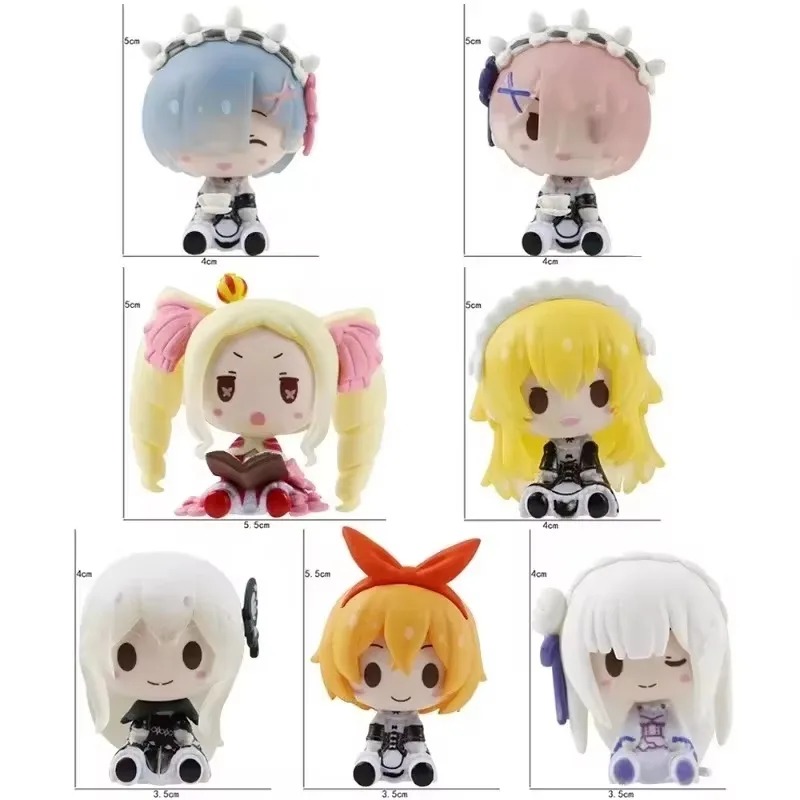 Quadro com as mini figures de Re:Zero, entre elas Rem, Ram, Beatrice, Emilia e Echidna, em fundo branco