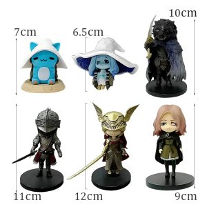 Seis mini figures de Elden Ring com as medidas de cada uma: Ranni, Ranni gato, Melina, Malenia, Blaidd e um cavaleiro