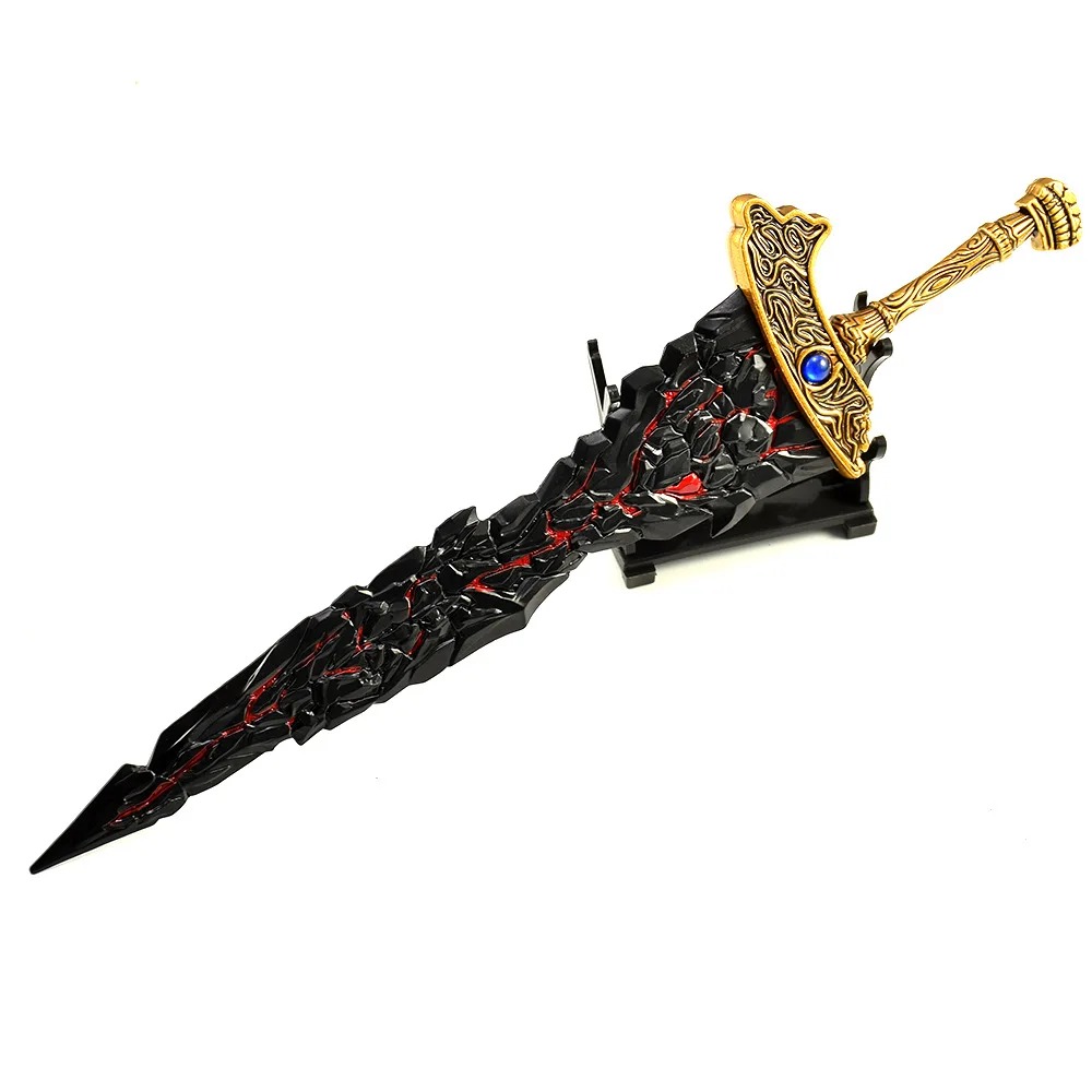 Miniatura da Black Blade do Maliketh, de Elden Ring, com lâmina escura e cabo dourado, num suporte