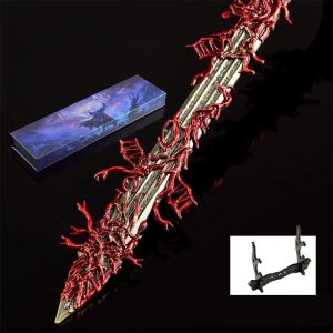 Miniatura metálica da Blasphemous Blade, de Elden Ring, em vermelho e prata, com 30 cm