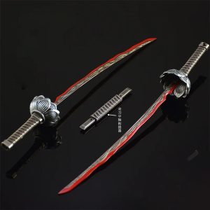 Miniatura da Eleonora's Poleblade, de Elden Ring, com lâmina curva vermelha e cabo ao lado da bainha