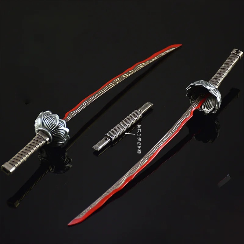 Miniatura da Eleonora's Poleblade, de Elden Ring, com lâmina curva vermelha e cabo ao lado da bainha