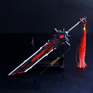 Espada do Diluc preta e vermelha com fita vermelha sobre suporte, Genshin Impact