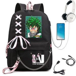 Mochila preta de Oxford com o Deku, laços rosa, corrente e logo U.A., de My Hero Academia