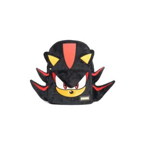Mochila de pelúcia preta com o rosto do Shadow, de Sonic, com espetos e olhos vermelhos