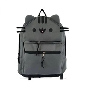 Mochila cinza escura do Pusheen com orelhinhas, rosto e bolso frontal de zíper