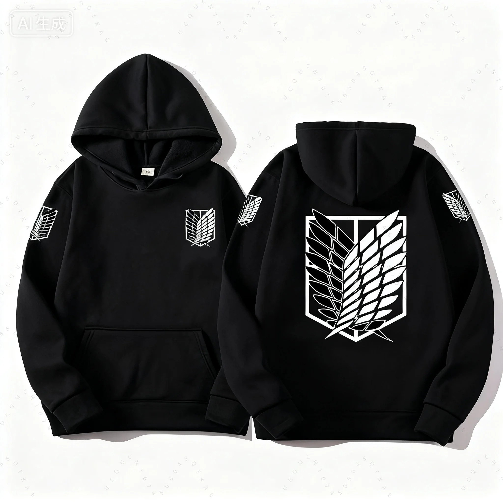 Moletom preto de capuz de Attack on Titan, frente e costas, com as Asas da Liberdade brancas