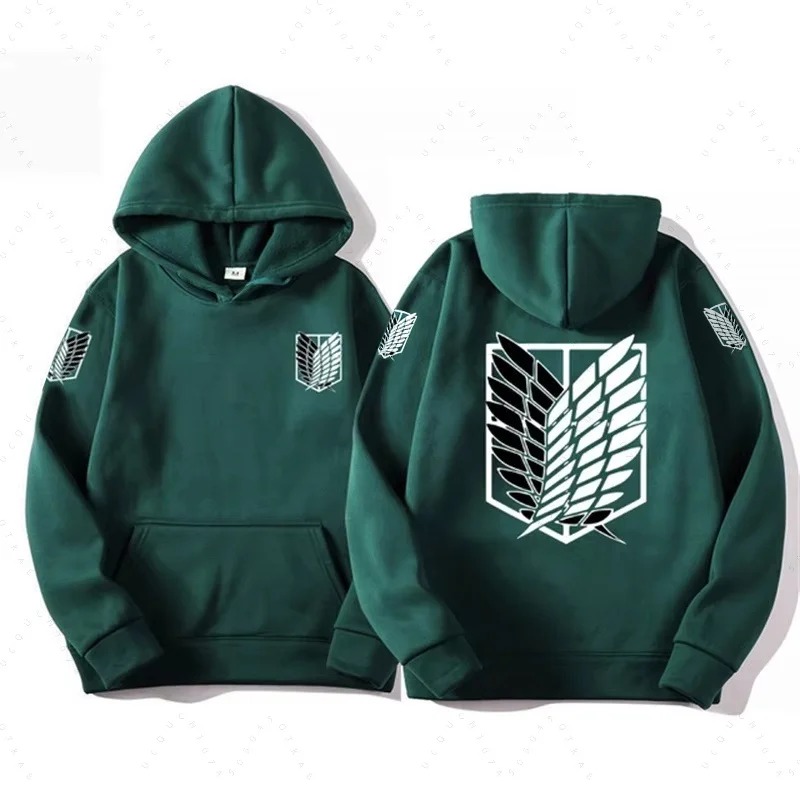 Moletom verde de capuz de Attack on Titan com Asas da Liberdade em branco e preto atrás
