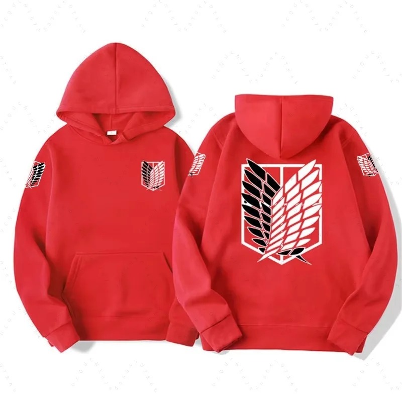 Moletom vermelho de capuz de Attack on Titan com o brasão das Asas da Liberdade atrás