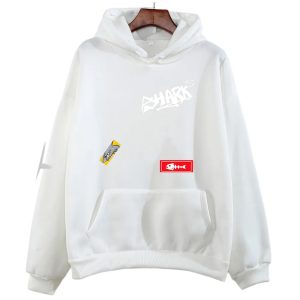 Moletom branco com capuz e a estampa SHARK inspirada na Ellen Joe, de Zenless Zone Zero