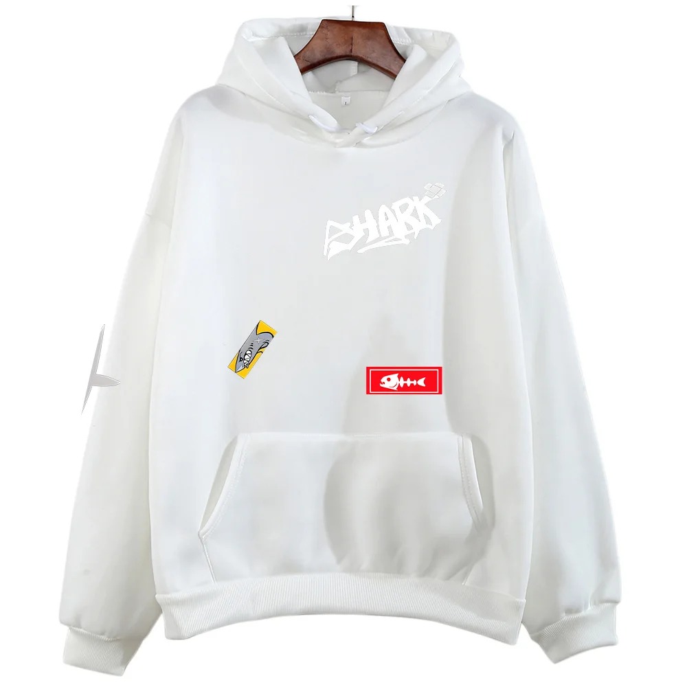Moletom branco com capuz e a estampa SHARK inspirada na Ellen Joe, de Zenless Zone Zero