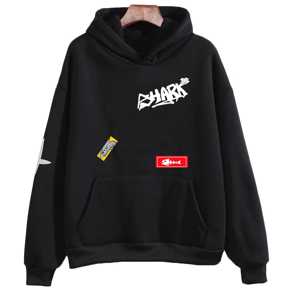 Moletom preto com capuz e a estampa SHARK inspirada na Ellen Joe, de Zenless Zone Zero