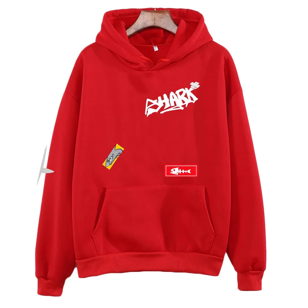 Moletom vermelho com capuz e a estampa SHARK inspirada na Ellen Joe, de Zenless Zone Zero