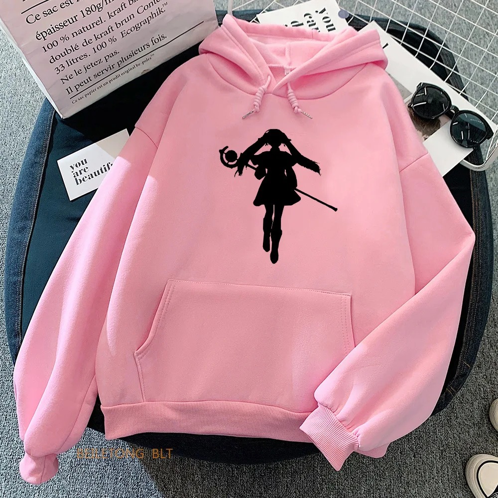 Moletom rosa de capuz com a Frieren de cajado estampada no peito