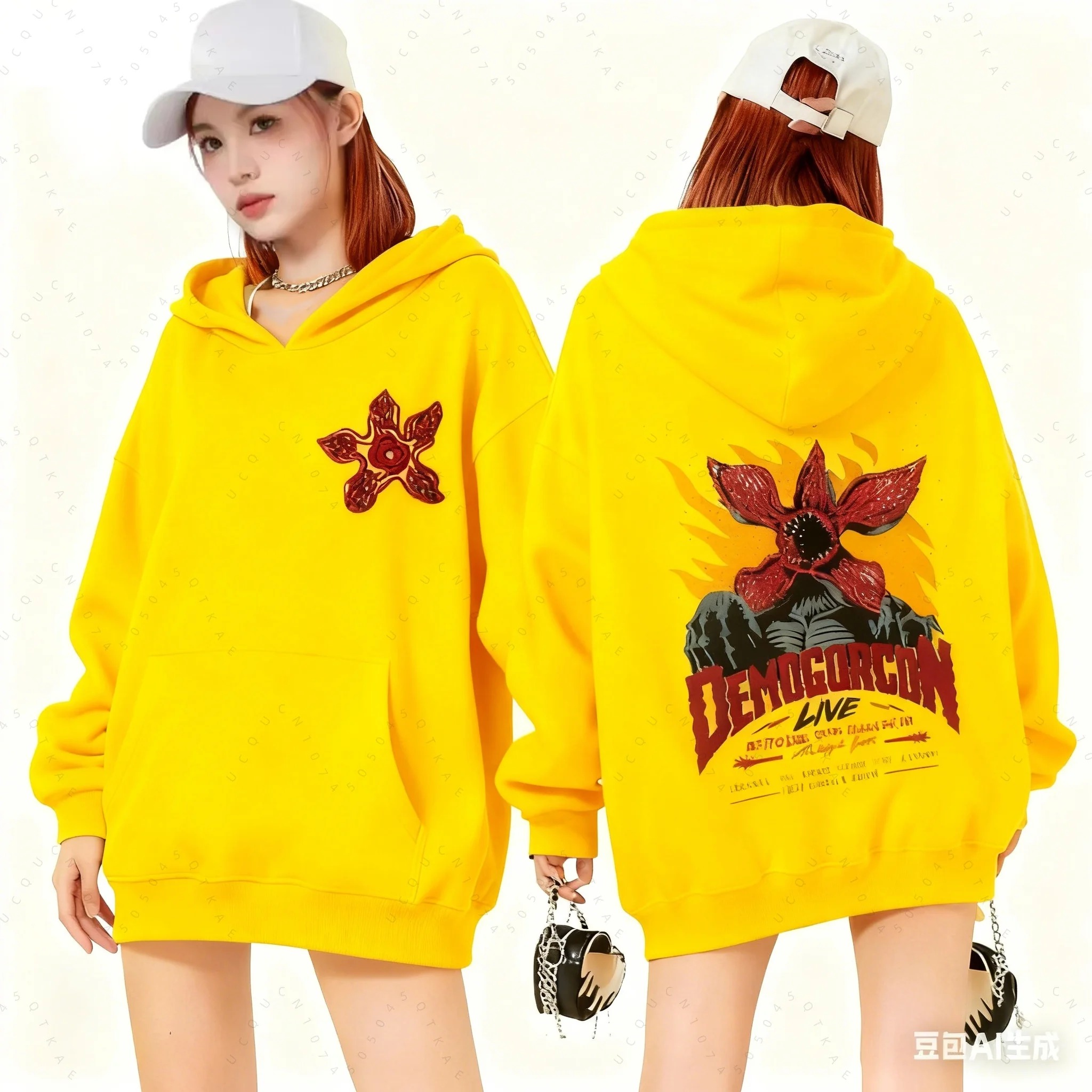 Moletom amarelo de Stranger Things com estampa do Demogorgon, frente e costas