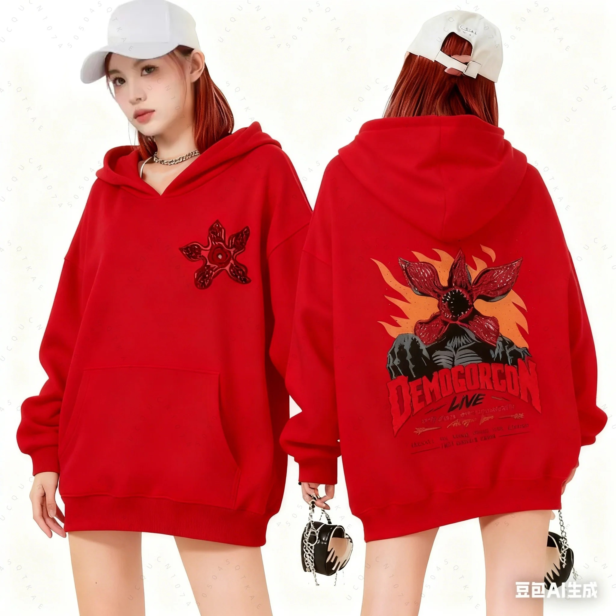 Moletom vermelho com capuz de Stranger Things e arte do Demogorgon, frente e costas