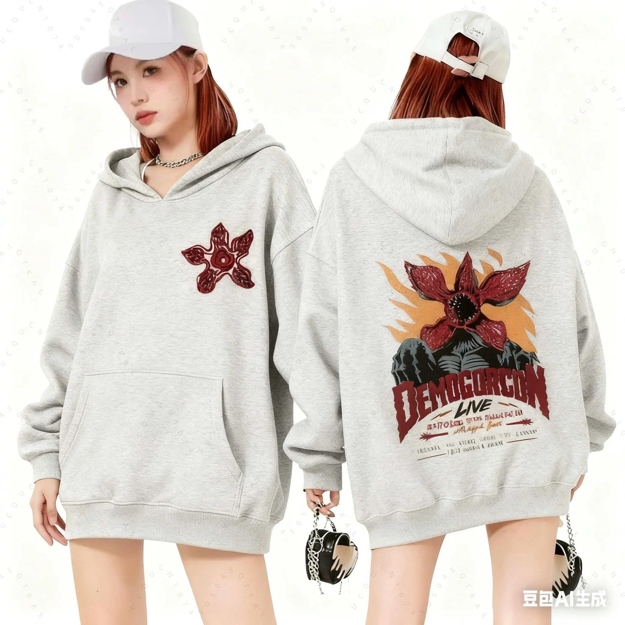 Moletom cinza com capuz e bolso canguru, flor do Demogorgon de Stranger Things