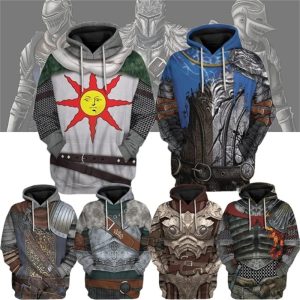 Painel com seis moletons 3D de armaduras de Dark Souls, com o traje do sol de Solaire em destaque