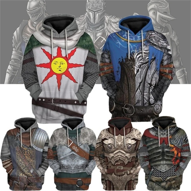 Painel com seis moletons 3D de armaduras de Dark Souls, com o traje do sol de Solaire em destaque