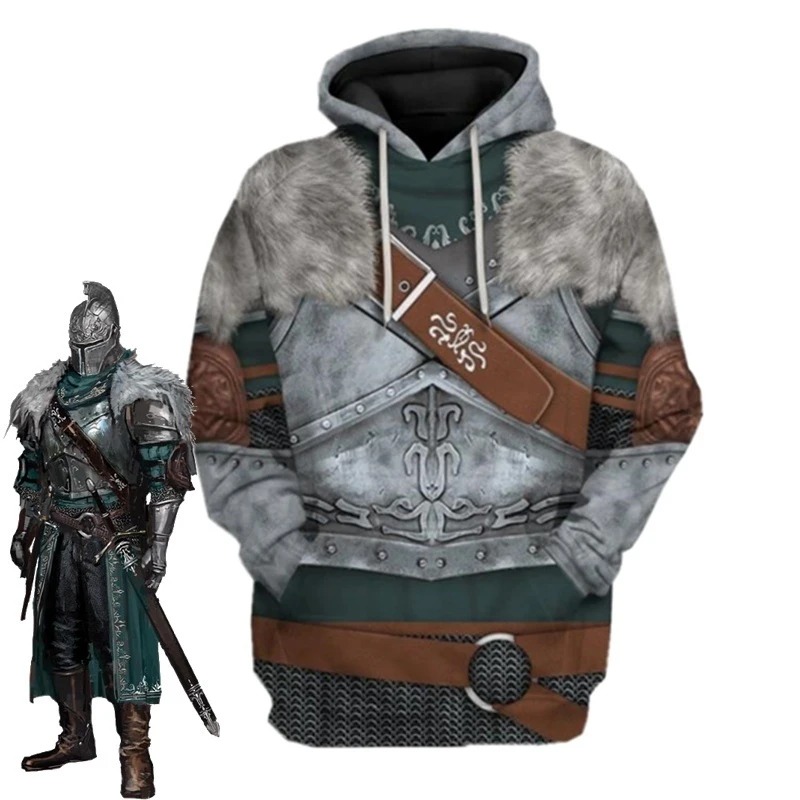 Moletom com capuz e estampa 3D de armadura de cavaleiro de Dark Souls, com cota de malha e cintos