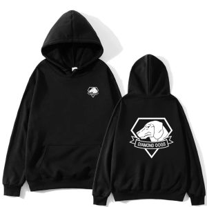 Moletom preto de capuz com emblema Diamond Dogs, de Metal Gear Solid V, frente e costas