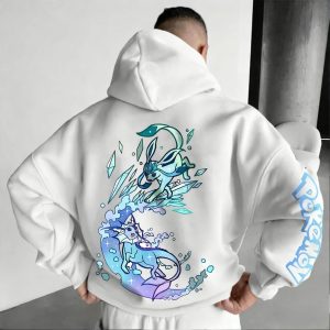 Moletom branco com capuz, arte do Glaceon de Pokémon nas costas e na manga
