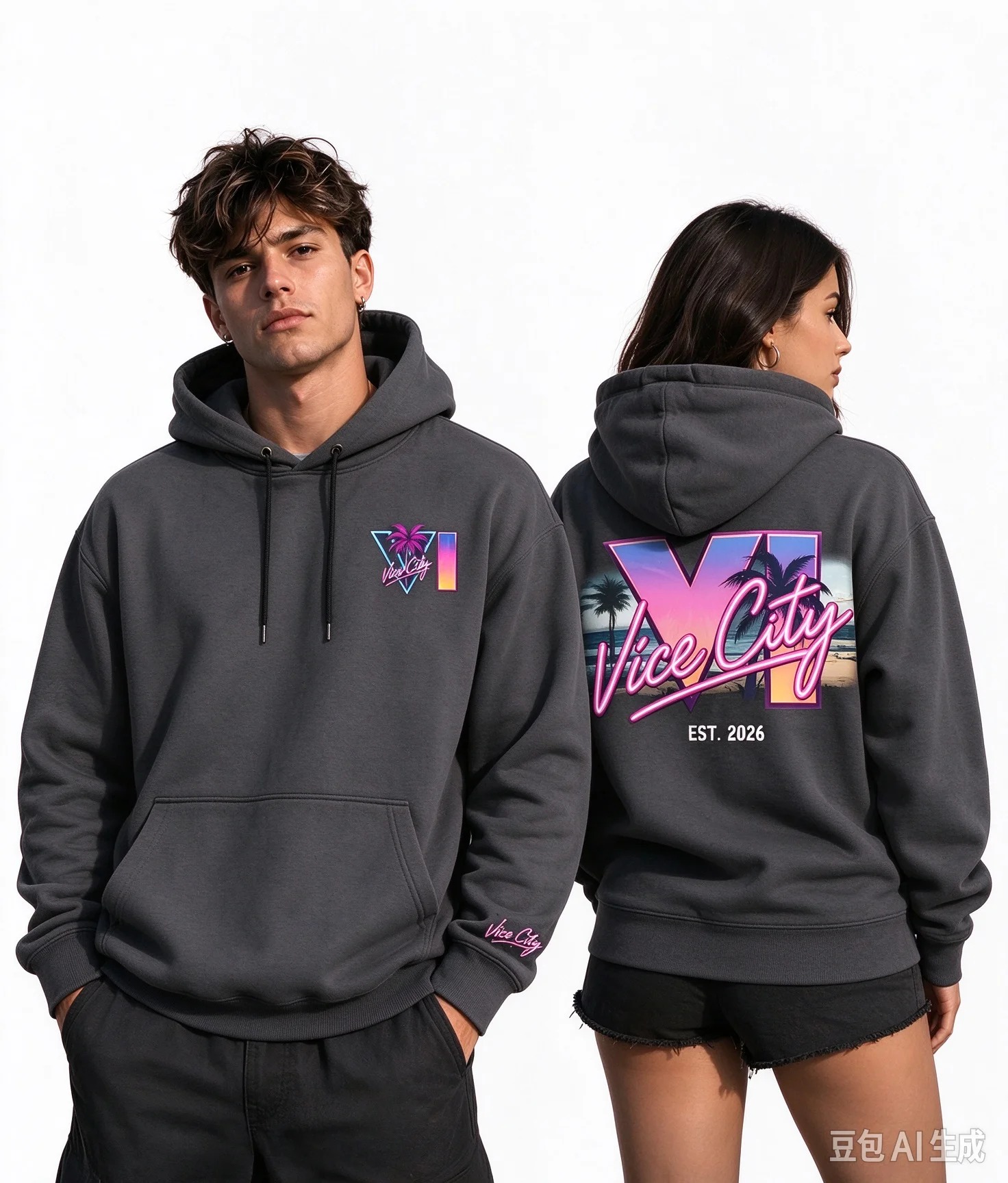 Moletom cinza escuro com capuz, VI no peito e logo Vice City atrás