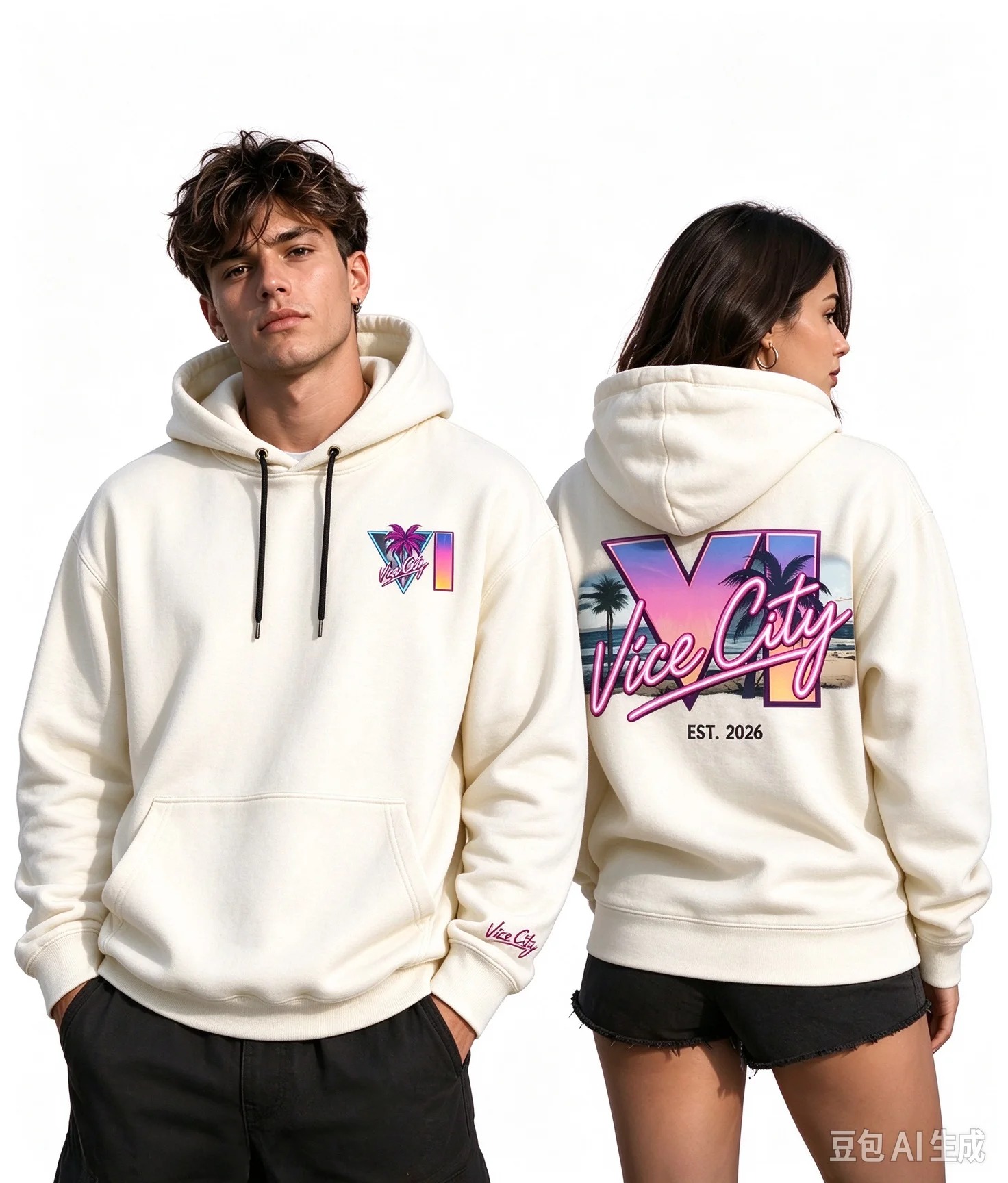 Moletom creme com capuz e logo rosa e roxo de Vice City nas costas