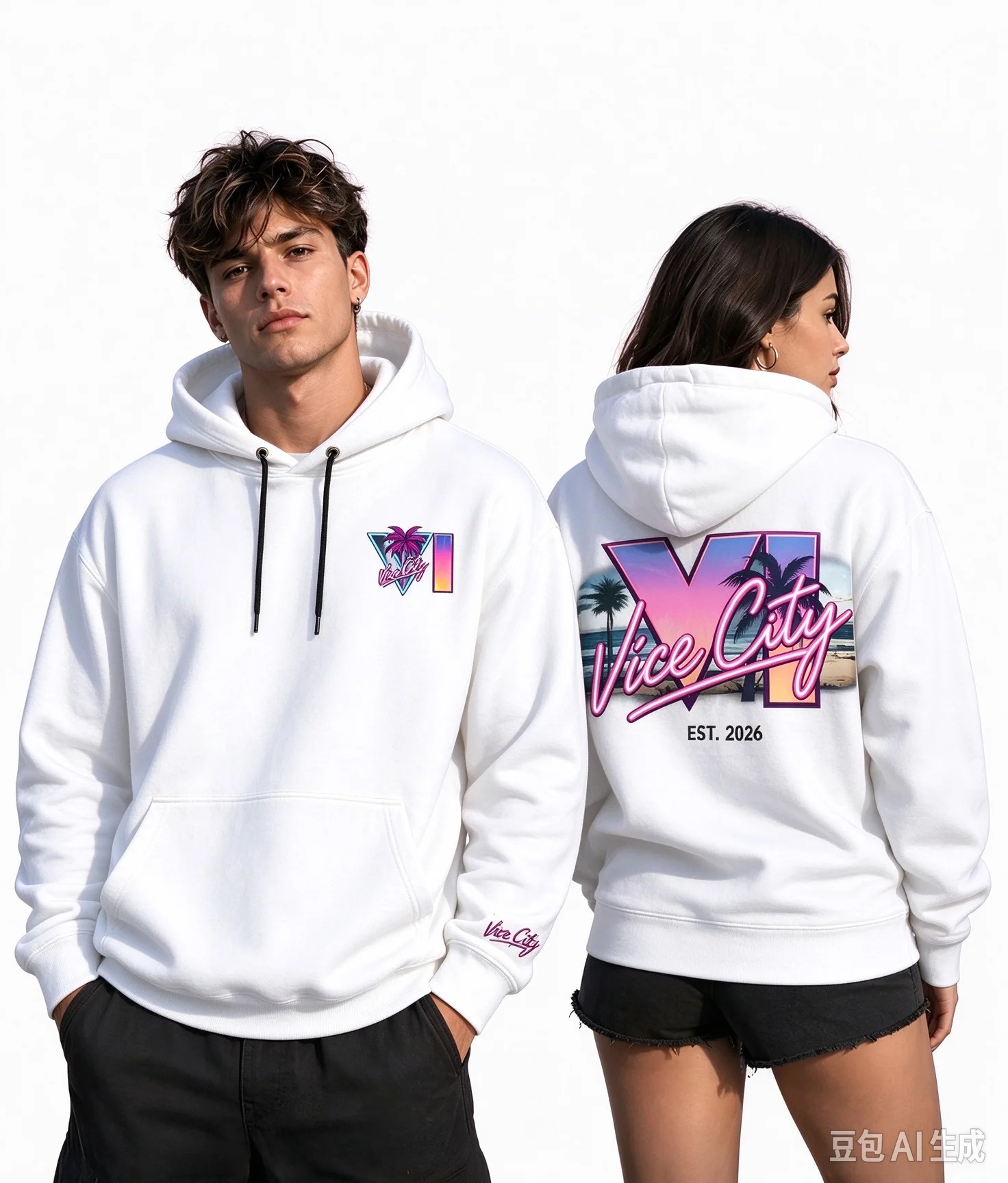 Moletom branco com capuz e a estampa de GTA VI na frente e nas costas